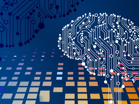 Stylised brain made of circuit-board traces over a data grid